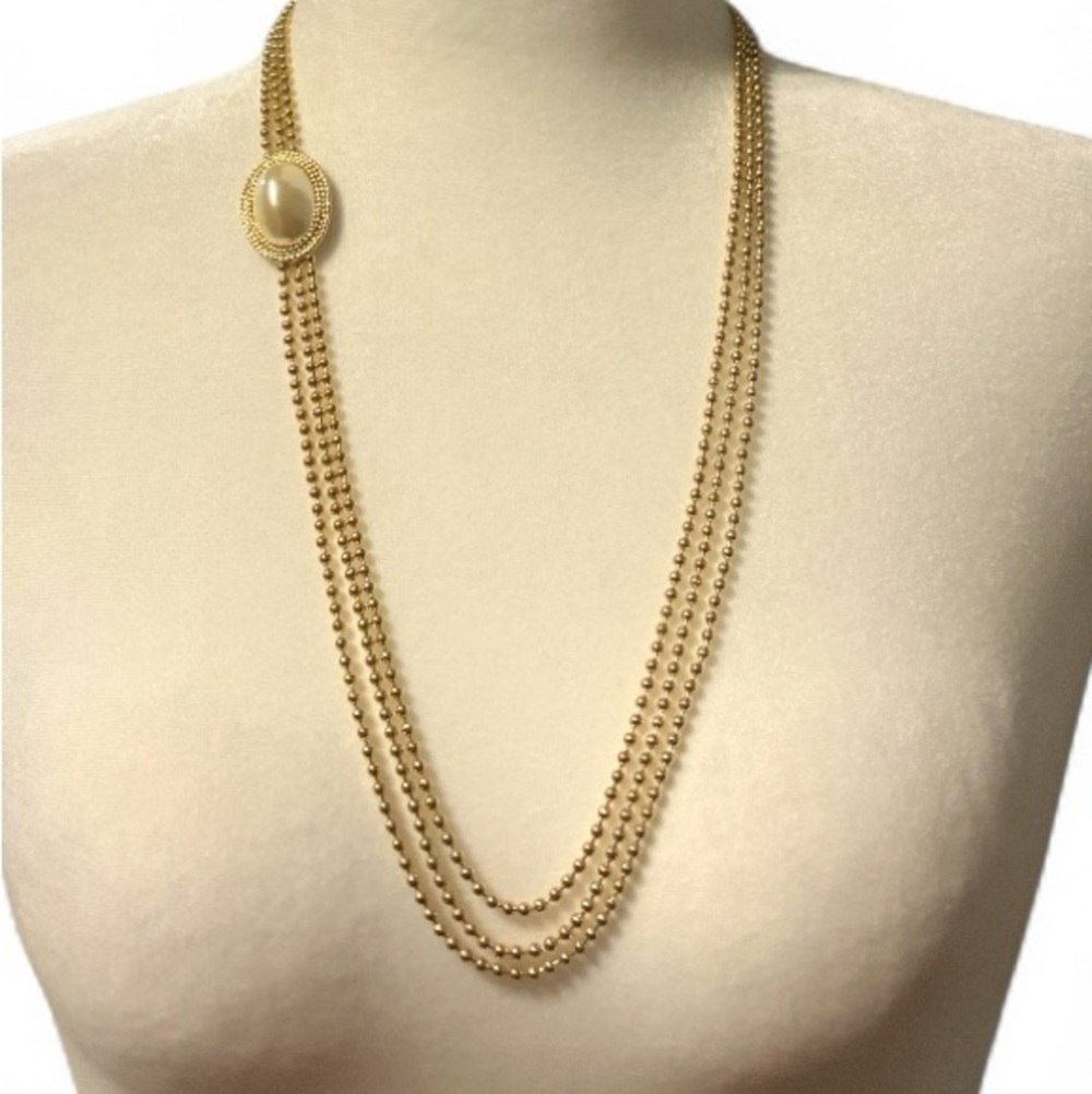 Vintage Gold Tone 30” Multi Strand Station Chain Necklace with Pearl Closure